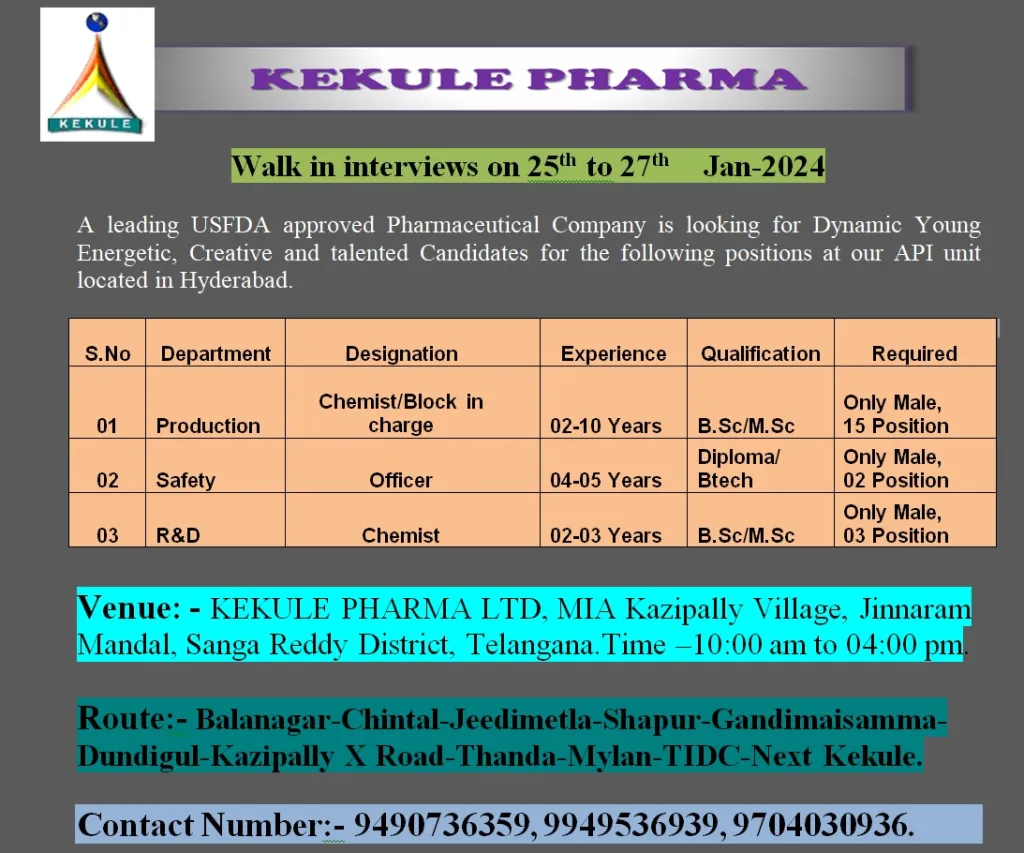 Kekule Pharma - Walk-In on 25th to 27th Jan 2024 for Production, Safety, R&D